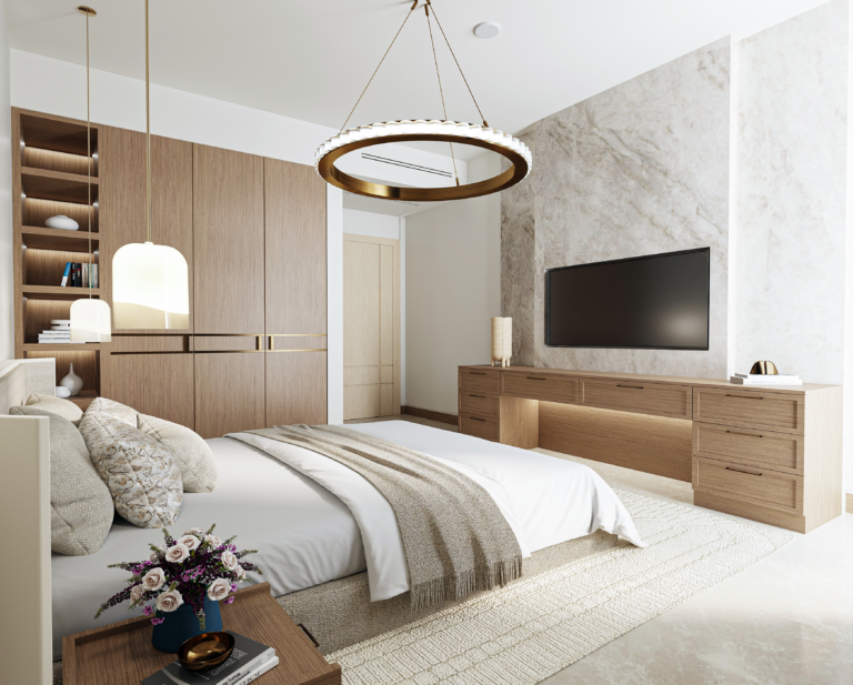 Minimalist guest suite featuring light wood built-in wardrobes, a marble TV wall with integrated storage, and a large gold halo pendant light.