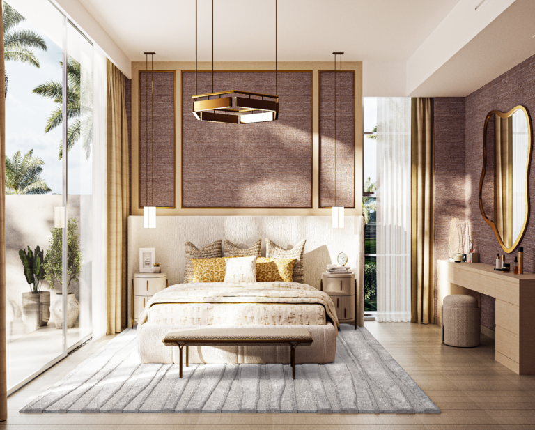 Sophisticated master suite with a neutral textured headboard, gold accent lighting, and a modern vanity area with a custom wave-shaped mirror.