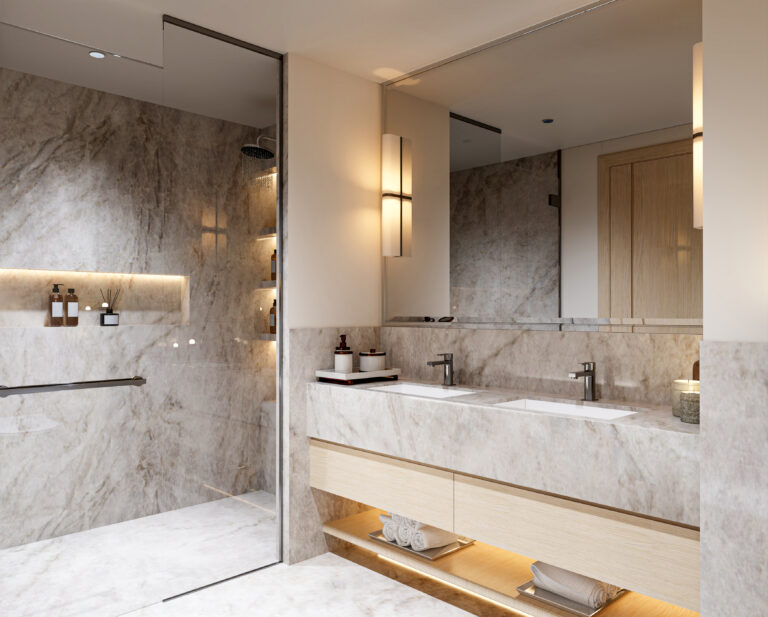 High-end spa-inspired bathroom with seamless marble walls and floors, a double-sink floating vanity, and a large walk-in glass-enclosed shower.