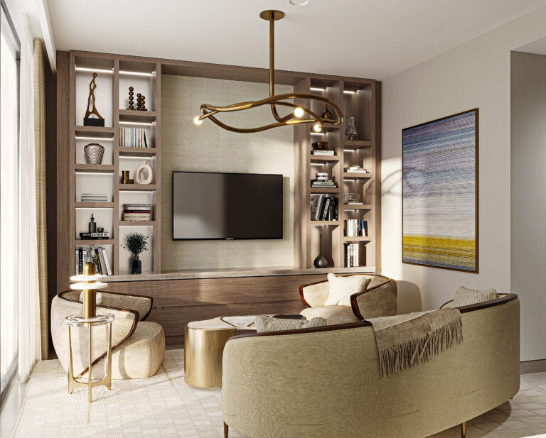 Cozy roof lounge area with a curved contemporary sofa, custom-designed built-in shelving with LED lighting, and an artistic bronze ceiling fixture.