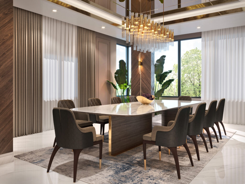 modern luxury dining room with a white marble table, gold accents, and a linear crystal chandelier overlooking a garden view.