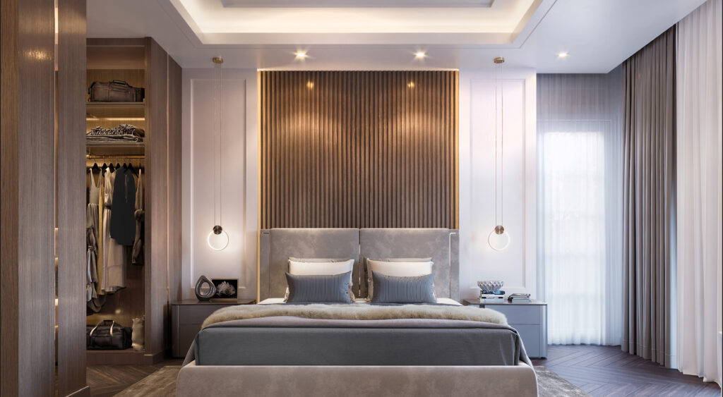 Contemporary master bedroom suite with integrated warm lighting, walnut wood wall panels, and a minimalist luxury walk-in closet.