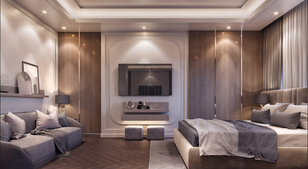 Contemporary master bedroom suite with integrated warm lighting, walnut wood wall panels, and a minimalist luxury walk-in closet.