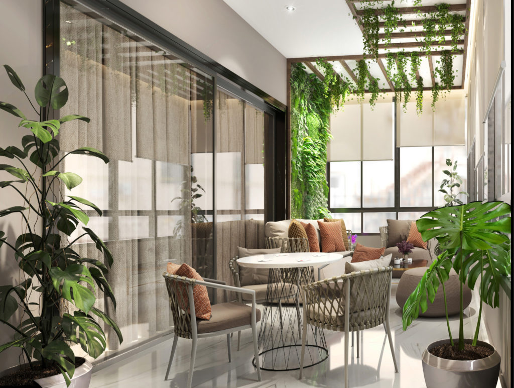 Luxury indoor terrace design featuring a vertical green wall, wooden trellis ceiling with ivy, and modern woven outdoor furniture.