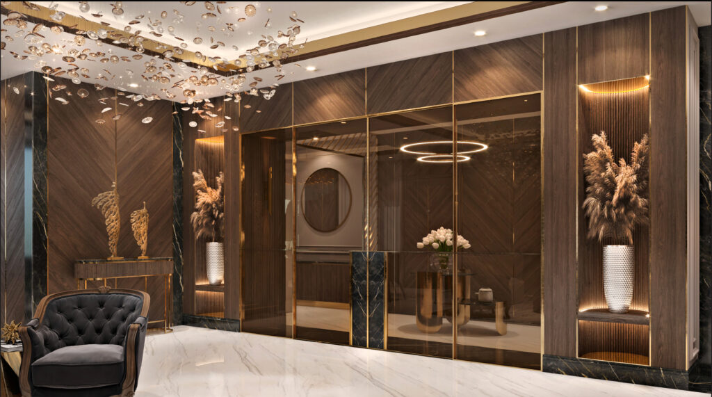 Upscale open-plan living room featuring navy blue velvet accents, white marble flooring, and decorative crystal "starlight" ceiling fixtures.
