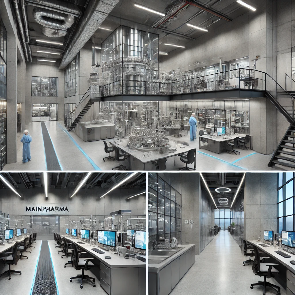 DALL·E 2025-02-22 13.15.32 - 1. A modern and functional laboratory inside the Mainpharma medicine factory. The space is designed with a serious