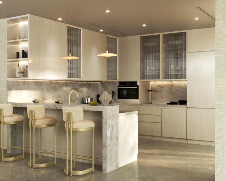 Modern minimalist kitchen design featuring light wood cabinetry, integrated appliances, marble countertops, and gold designer bar stools.