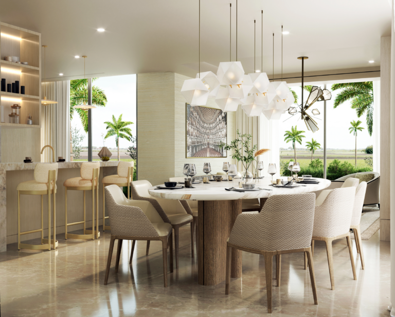 Luxury open-concept dining area with an oval marble table, contemporary white sculptural chandeliers, and floor-to-ceiling windows overlooking palm trees.