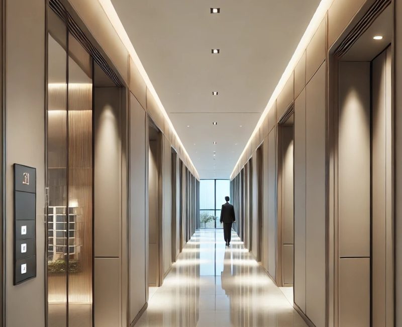 DALL·E 2025-02-21 17.09.57 - A sleek residential corridor in a modern apartment tower, designed with a clean and minimalist aesthetic