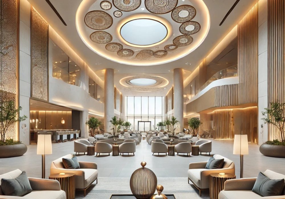 DALL·E 2025-02-21 22.59.09 - A sophisticated and welcoming hospital lobby within the Al-Akeela Compound, designed with a balance of modern minimalism