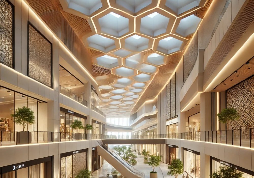 DALL·E 2025-02-21 22.59.14 - A contemporary shopping mall interior within the Al-Akeela Compound, incorporating bold architectural forms, neutral and