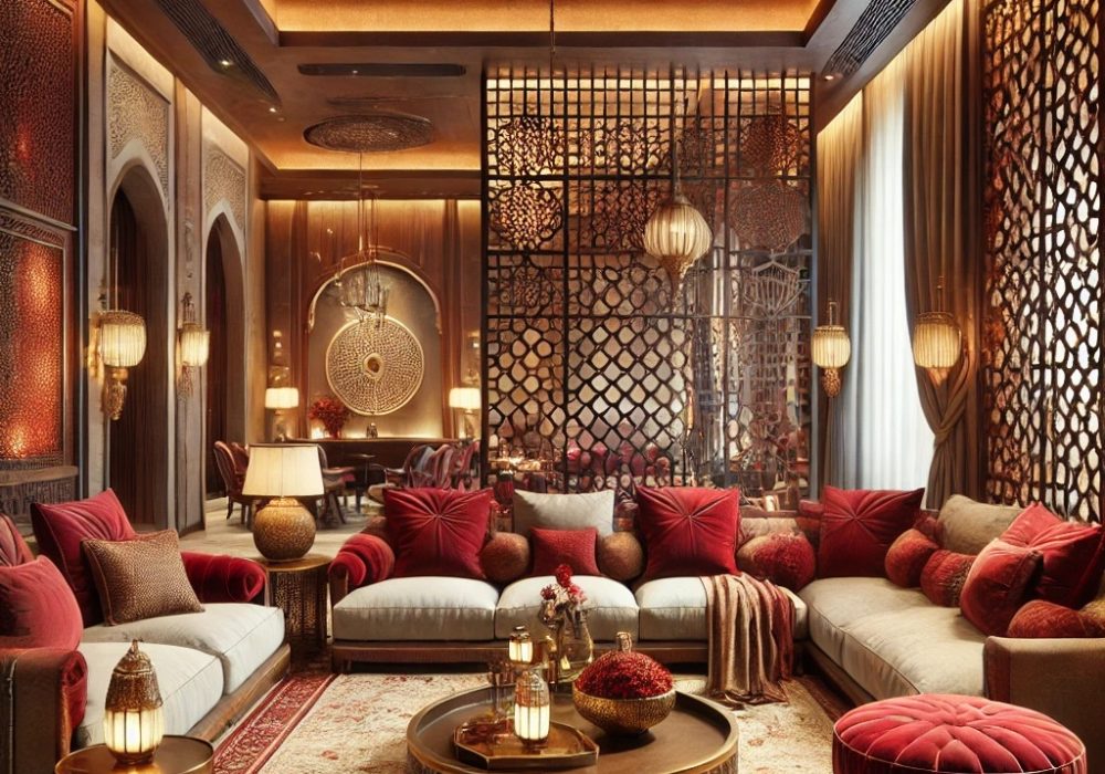 DALL·E 2025-02-21 23.08.52 - 1. A luxurious Middle Eastern-style living room with deep red and warm earthy tones, featuring plush traditional seating,