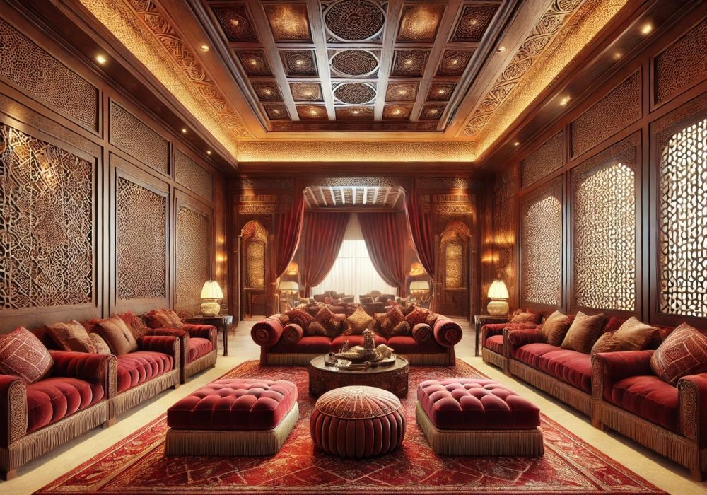 DALL·E 2025-02-21 23.13.37 - A luxurious Middle Eastern-style living room in landscape orientation, maintaining deep red and warm earthy tones. The sp