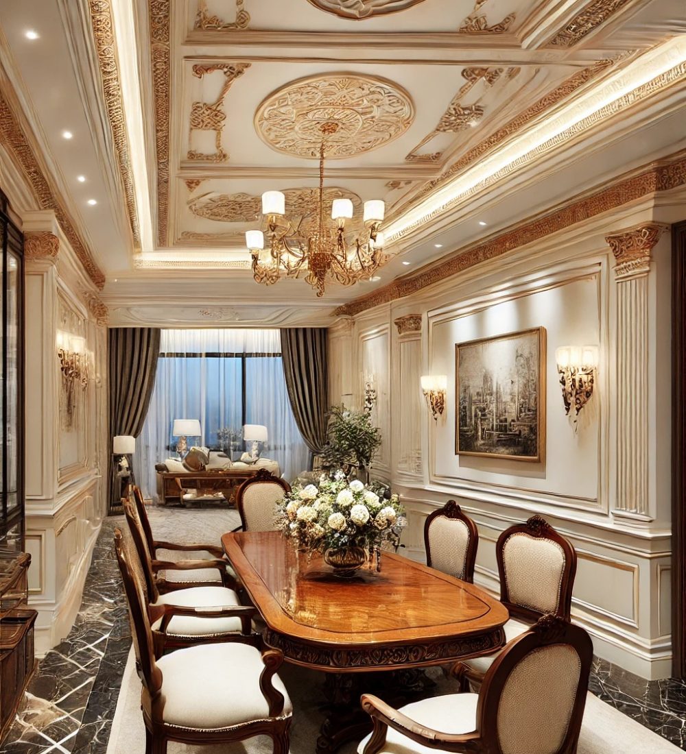 DALL·E 2025-02-22 11.11.51 - A refined yet compact dining room that matches the apartment_s elegant aesthetic, incorporating a polished wooden