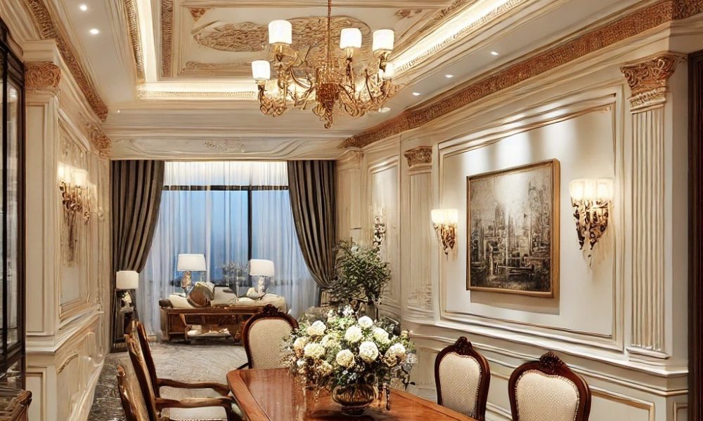 DALL·E 2025-02-22 11.11.51 - A refined yet compact dining room that matches the apartment_s elegant aesthetic, incorporating a polished wooden