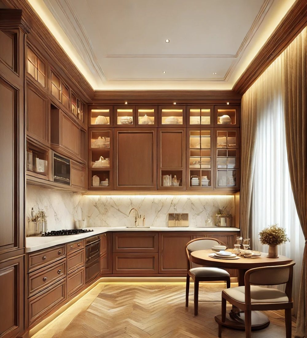 DALL·E 2025-02-22 11.19.26 - A compact yet elegant kitchen with a classic and warm design. Featuring rich wooden cabinetry, marble countertops,