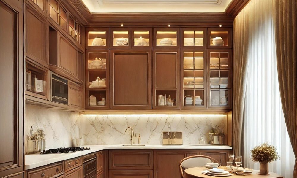 DALL·E 2025-02-22 11.19.26 - A compact yet elegant kitchen with a classic and warm design. Featuring rich wooden cabinetry, marble countertops,
