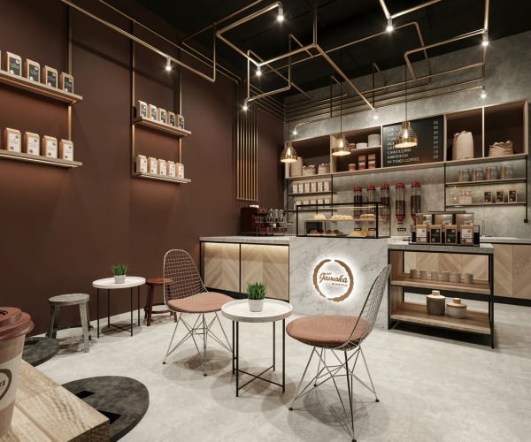 JAMOKA café engineering documentation – seating area with brass piping and concrete walls